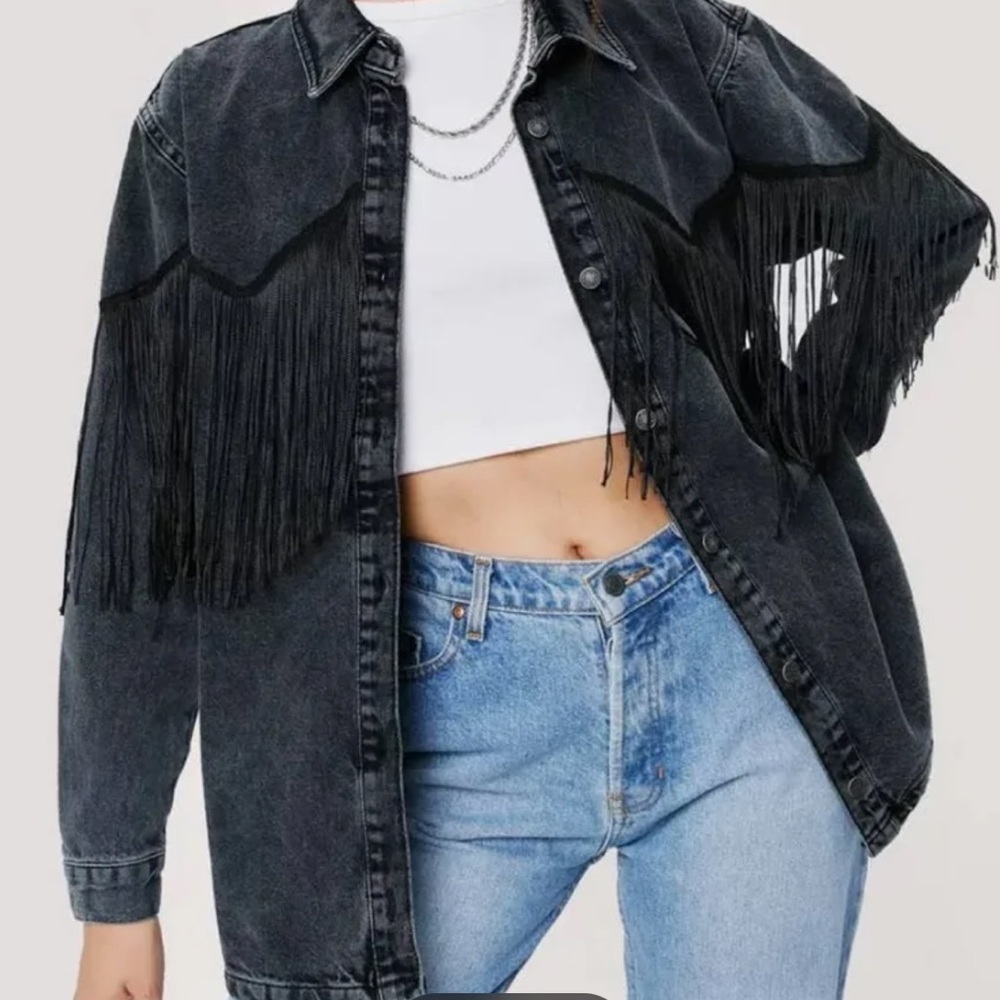 Nasty Gal Charcoal Fringe Denim Jacket